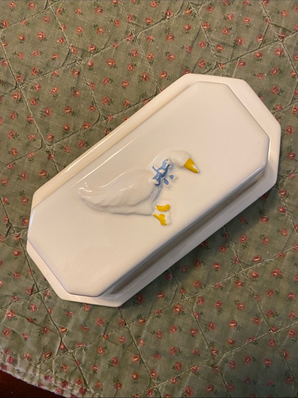 White Ceramic Butter Dish with Embossed Duck